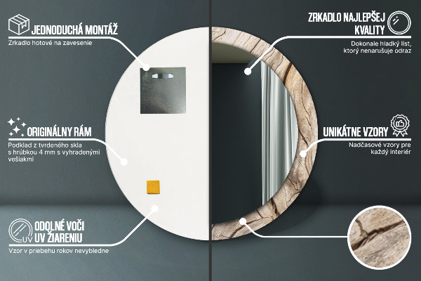 Espelho com moldura impressa redondo Madeira rachada