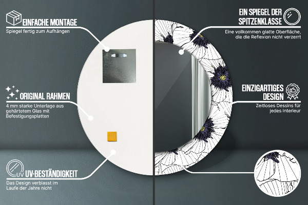 Espelho com moldura impressa redondo Composição de flores lineares