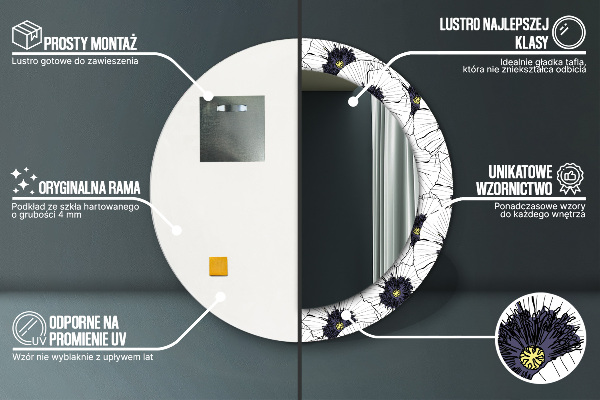 Espelho com moldura impressa redondo Composição de flores lineares
