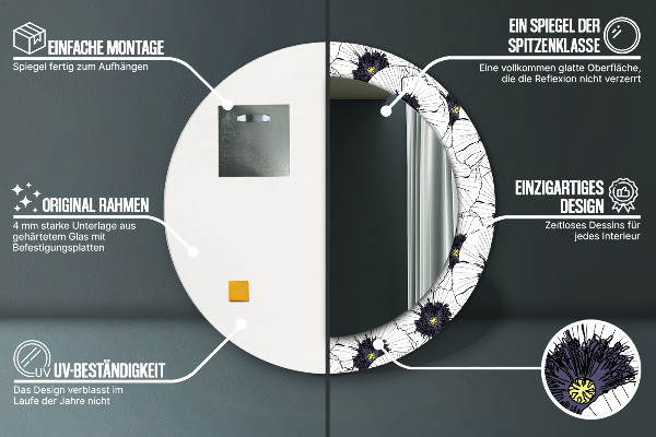 Espelho com moldura impressa redondo Composição de flores lineares