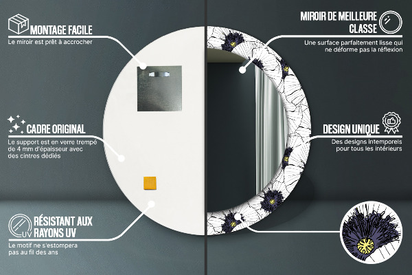 Espelho com moldura impressa redondo Composição de flores lineares