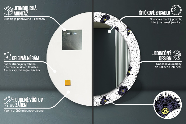 Espelho com moldura impressa redondo Composição de flores lineares