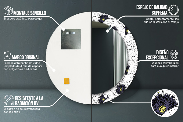 Espelho com moldura impressa redondo Composição de flores lineares