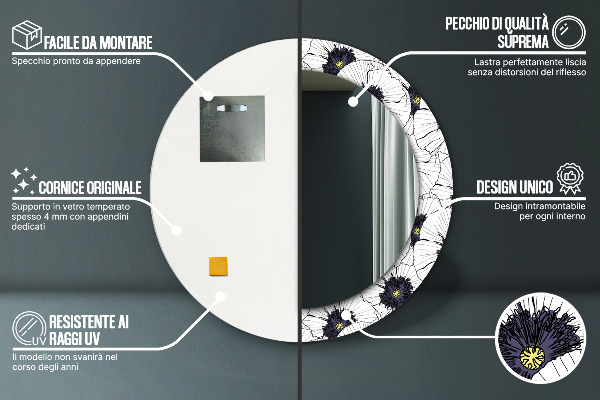 Espelho com moldura impressa redondo Composição de flores lineares
