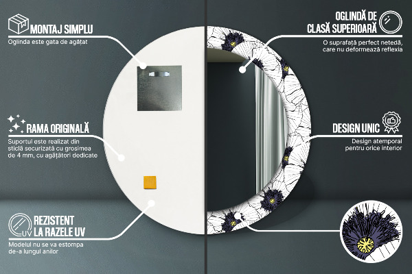 Espelho com moldura impressa redondo Composição de flores lineares