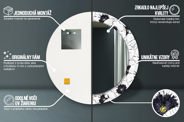 Espelho com moldura impressa redondo Composição de flores lineares