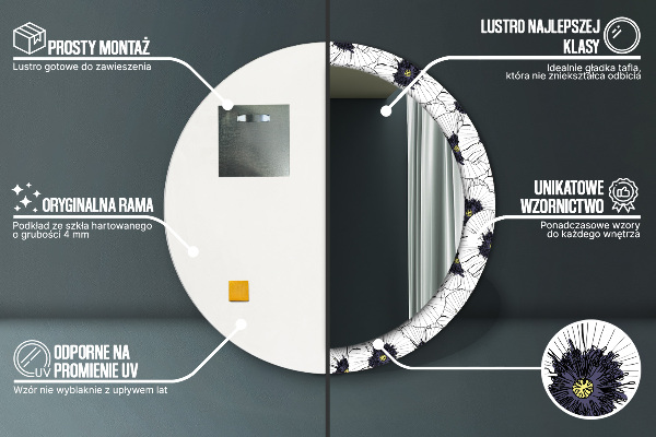 Espelho com moldura impressa redondo Composição de flores lineares