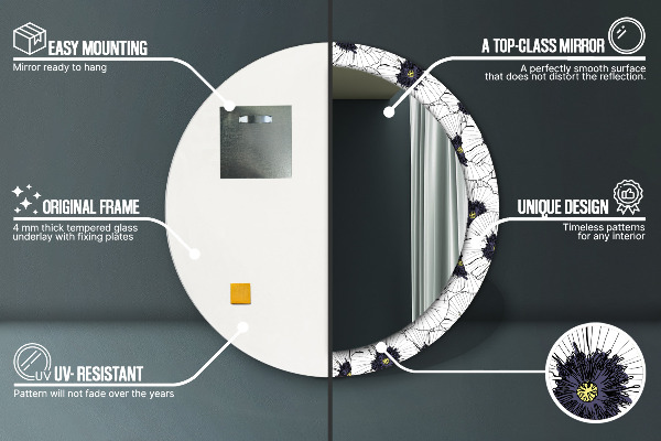 Espelho com moldura impressa redondo Composição de flores lineares