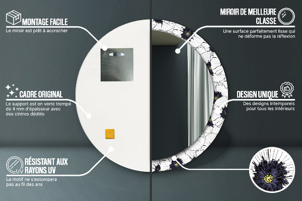 Espelho com moldura impressa redondo Composição de flores lineares