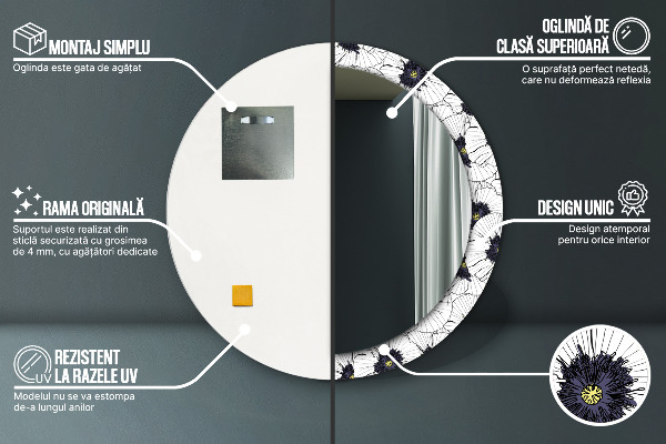 Espelho com moldura impressa redondo Composição de flores lineares