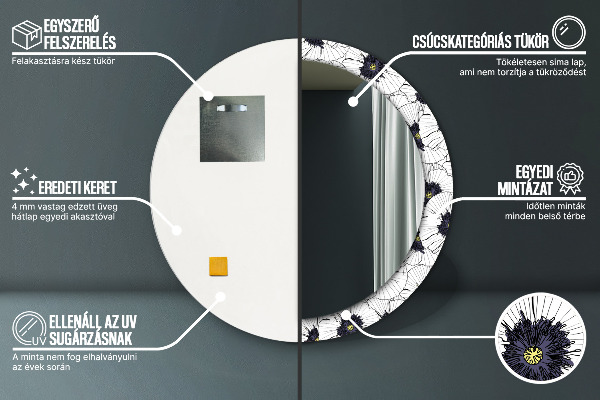 Espelho com moldura impressa redondo Composição de flores lineares