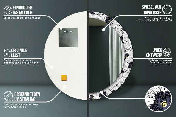 Espelho com moldura impressa redondo Composição de flores lineares