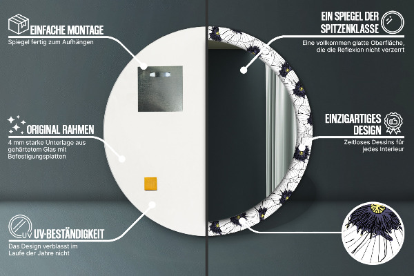 Espelho com moldura impressa redondo Composição de flores lineares