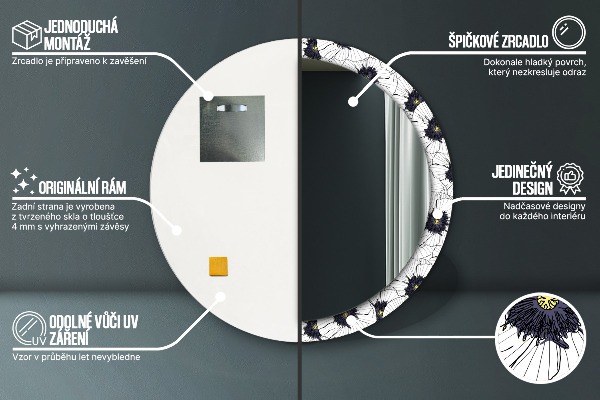 Espelho com moldura impressa redondo Composição de flores lineares