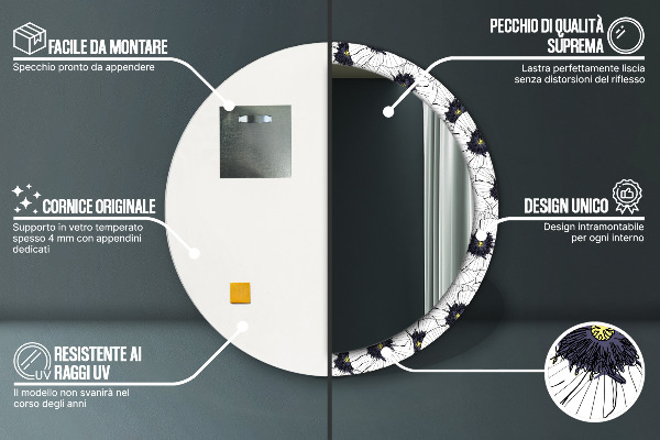 Espelho com moldura impressa redondo Composição de flores lineares