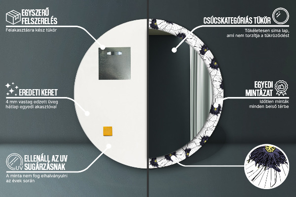 Espelho com moldura impressa redondo Composição de flores lineares