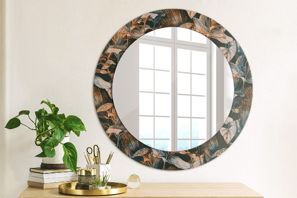 Espelho circular de parede decorativo Folhas tropicais escuras