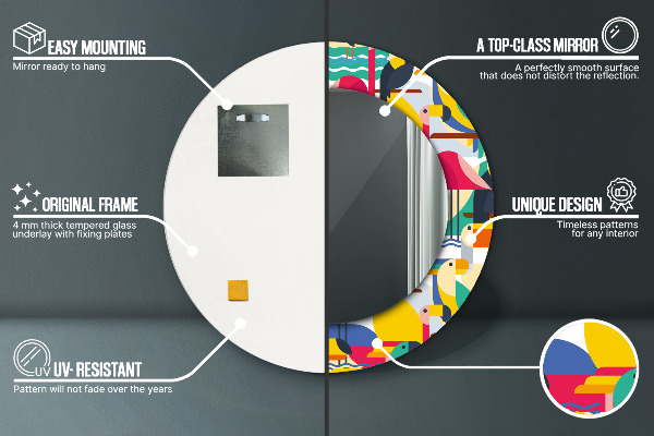 Espelho circular de parede decorativo Pássaros tropicais geométricos
