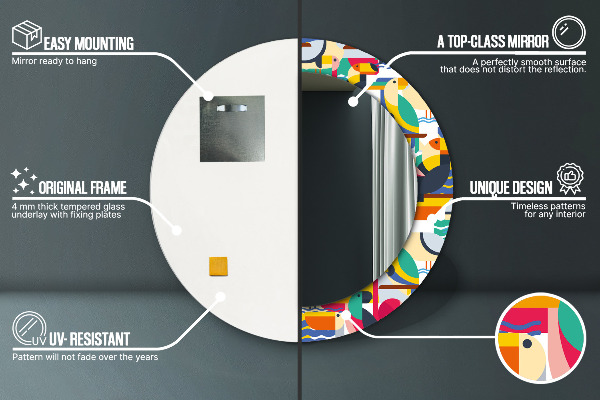 Espelho circular de parede decorativo Pássaros tropicais geométricos