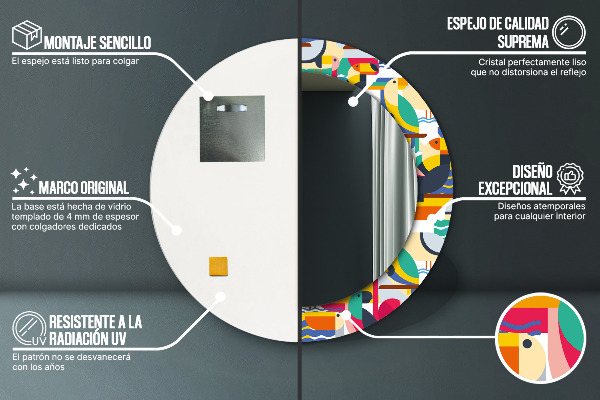 Espelho circular de parede decorativo Pássaros tropicais geométricos