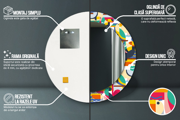 Espelho circular de parede decorativo Pássaros tropicais geométricos