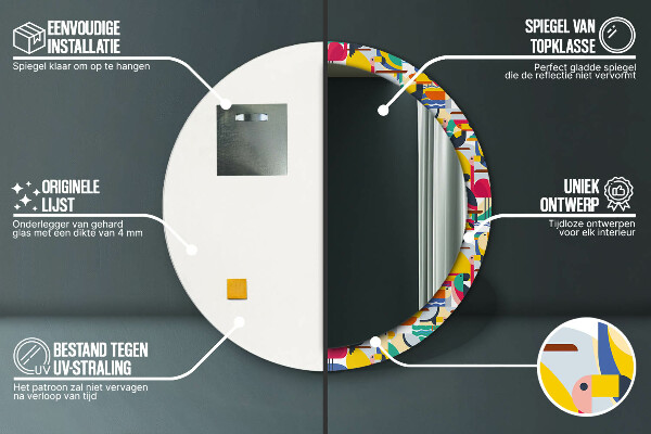 Espelho circular de parede decorativo Pássaros tropicais geométricos