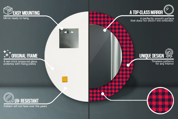 Espelho com moldura impressa redondo Xadrez vermelho