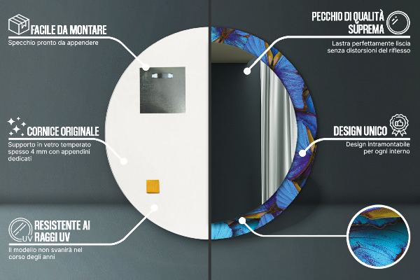 Espelho com moldura impressa redonda Borboleta azul e verde