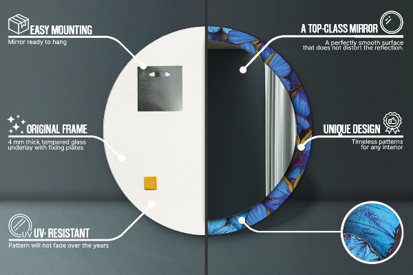 Espelho com moldura impressa redonda Borboleta azul e verde