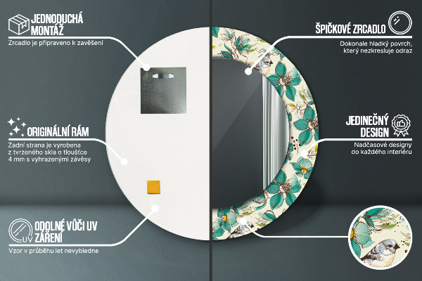 Moldura impressa espelho redondo Flores e pássaros