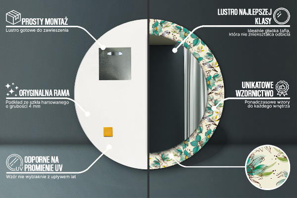 Moldura impressa espelho redondo Flores e pássaros