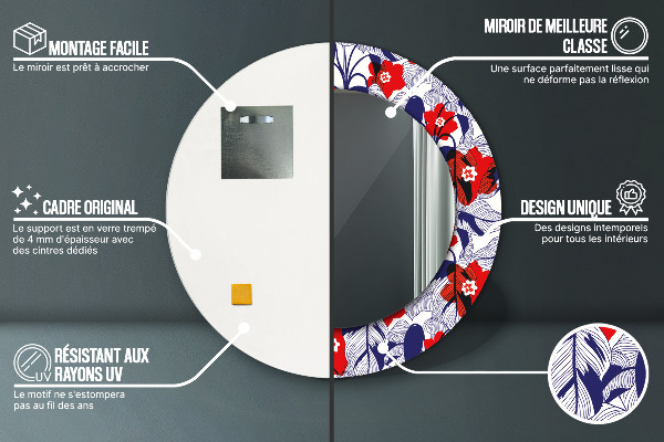 Moldura impressa espelho redondo Filodendro e flores vermelhas