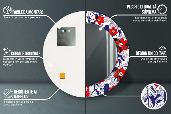 Moldura impressa espelho redondo Filodendro e flores vermelhas