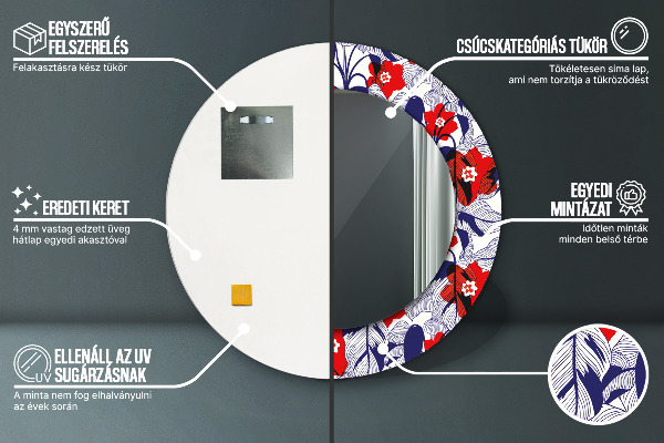 Moldura impressa espelho redondo Filodendro e flores vermelhas