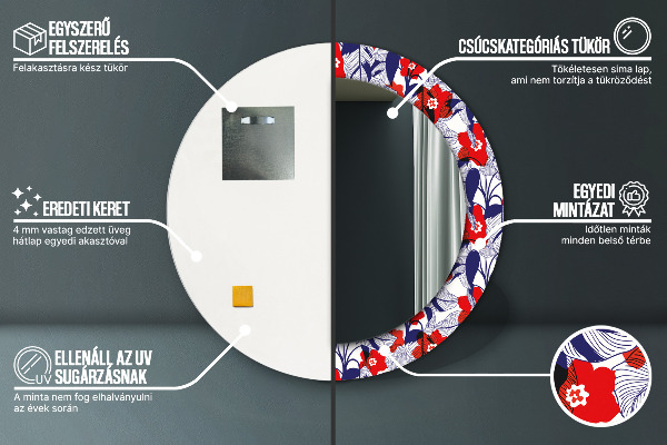 Moldura impressa espelho redondo Filodendro e flores vermelhas