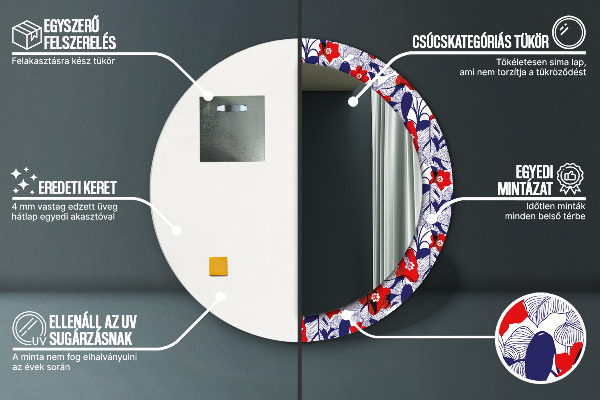 Moldura impressa espelho redondo Filodendro e flores vermelhas