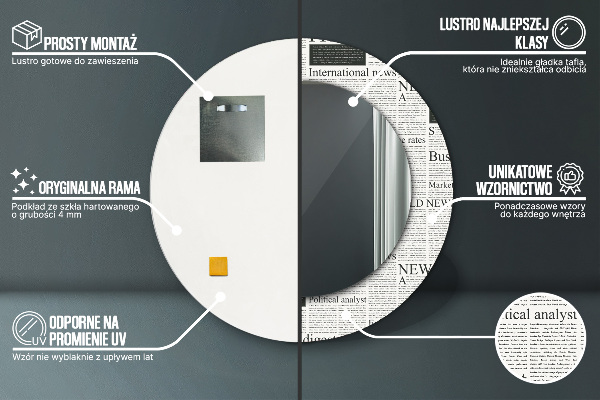 Moldura impressa espelho redondo Padrão de jornal