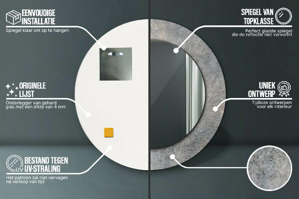 Espelho com moldura impressa redondo Betão vintage