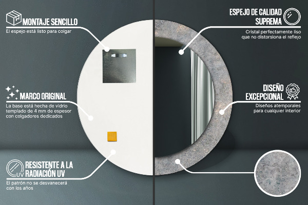 Espelho com moldura impressa redondo Betão vintage