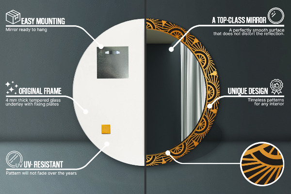 Espelho com moldura impressa redondo Mandala dourada