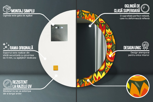 Espelho com moldura impressa redondo Túlipas retro