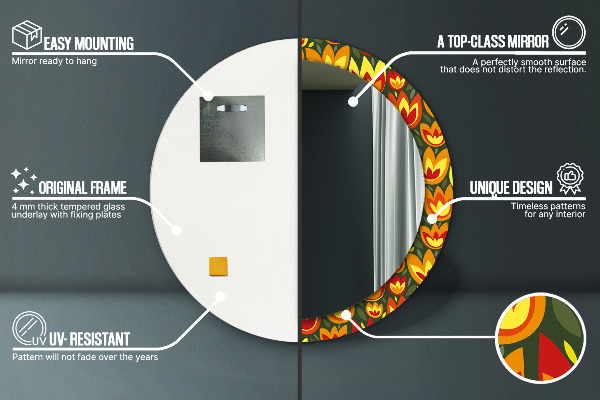 Espelho com moldura impressa redondo Túlipas retro