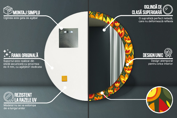 Espelho com moldura impressa redondo Túlipas retro