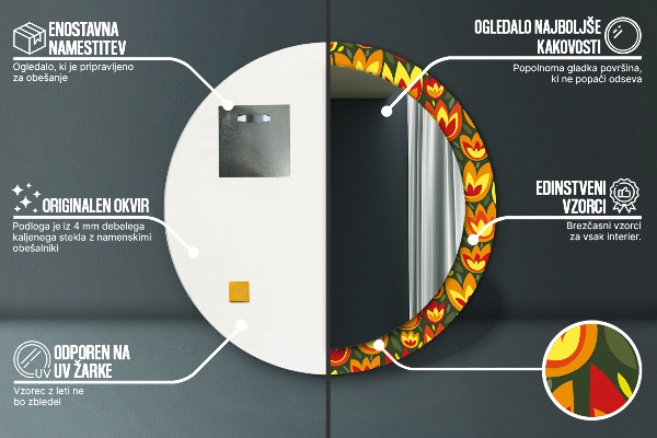 Espelho com moldura impressa redondo Túlipas retro