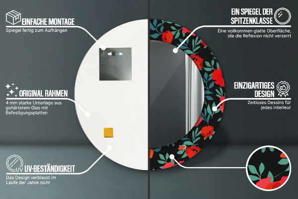 Espelho circular de parede decorativo Papoila vermelha