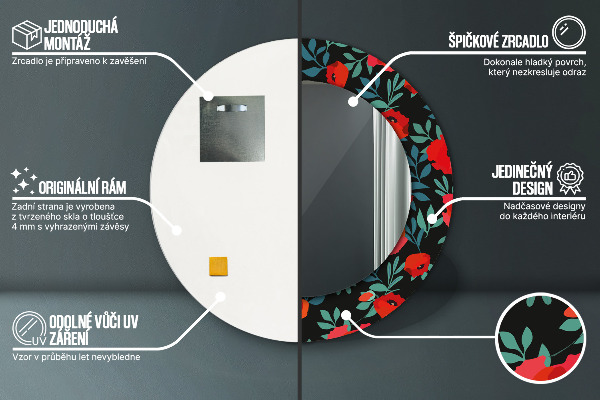 Espelho circular de parede decorativo Papoila vermelha