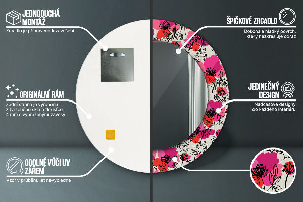 Espelho circular de parede decorativo Papoilas cor-de-rosa