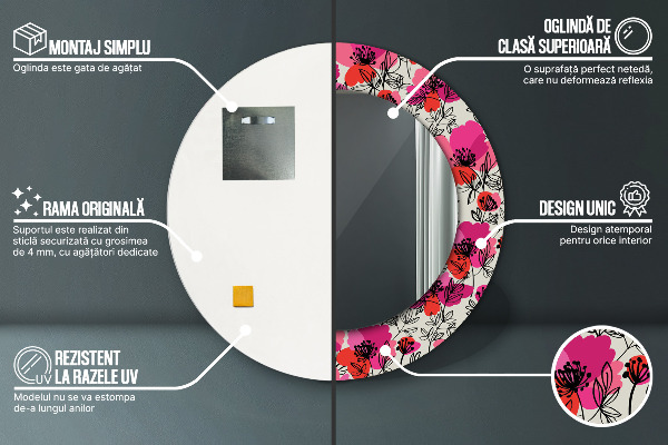 Espelho circular de parede decorativo Papoilas cor-de-rosa