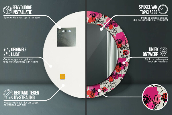 Espelho circular de parede decorativo Papoilas cor-de-rosa