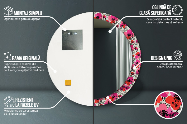 Espelho circular de parede decorativo Papoilas cor-de-rosa